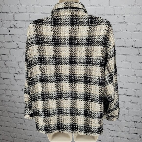 Zara Black Beige Check Buttoned Collared Unlined Shacket Jacket XS - Picture 2 of 11
